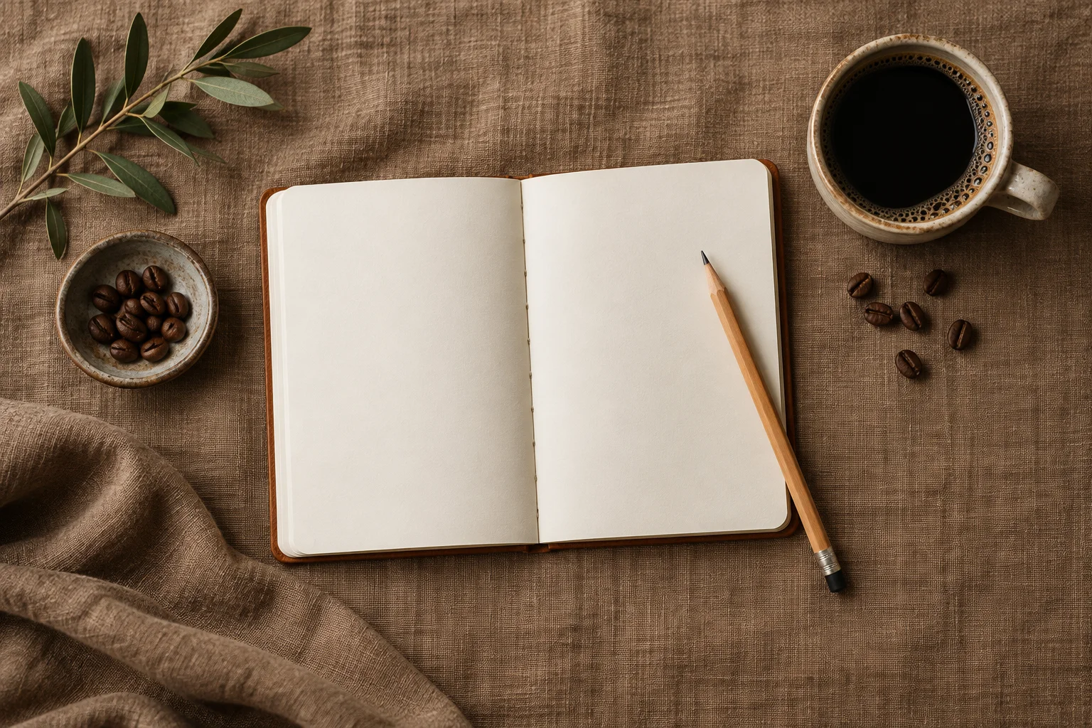 Blank coffee notebook and pencil beside a cup of coffee — AI-generated illustration