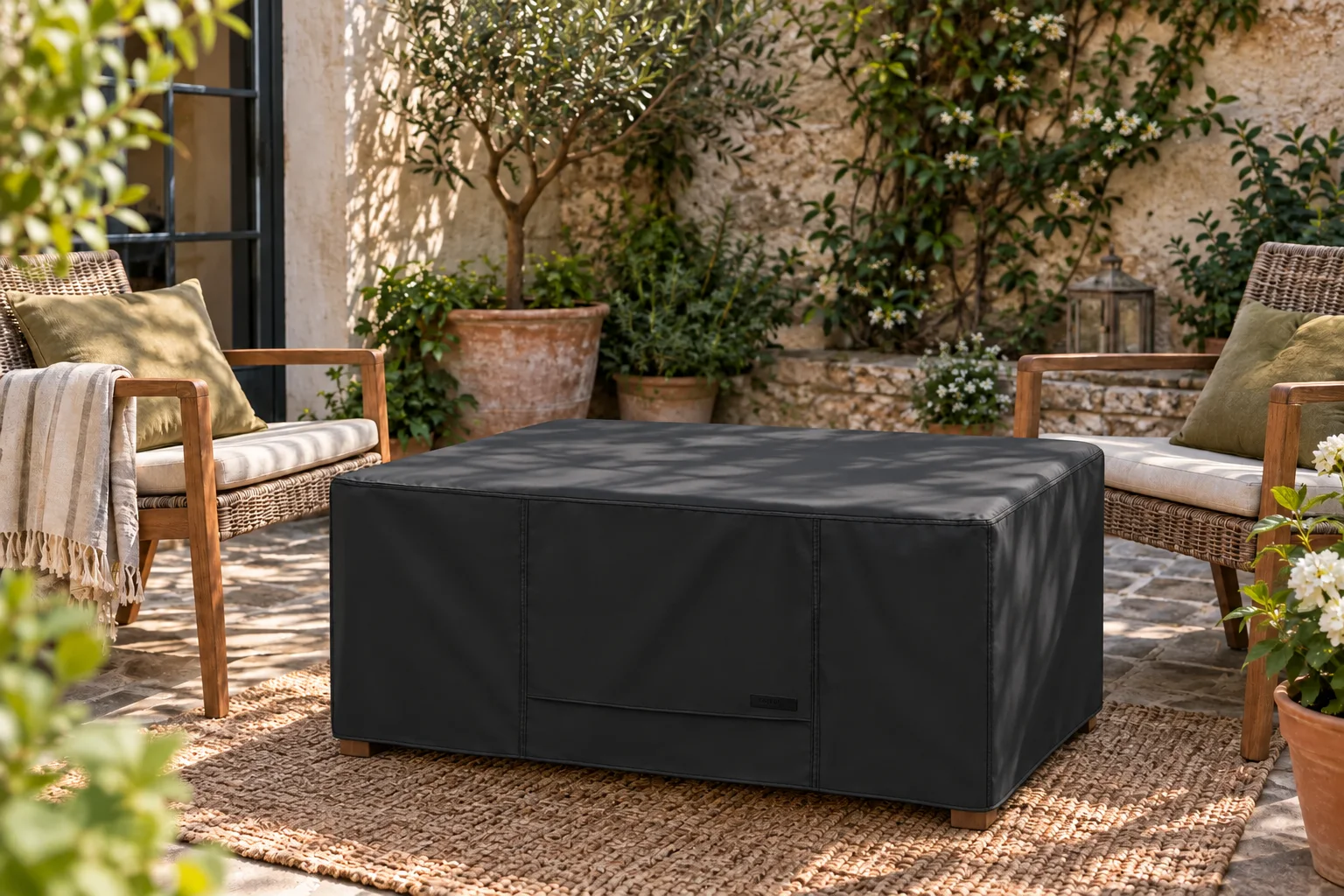 AI-assisted courtyard composite based on the NettyPro black coffee table cover product image