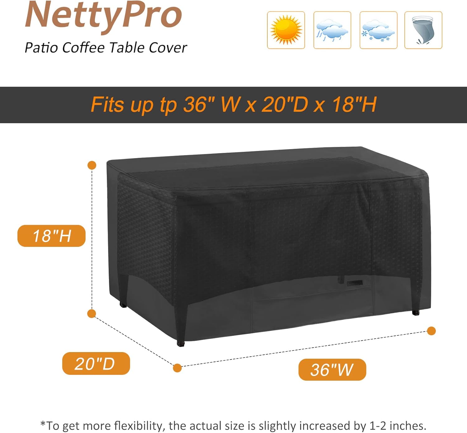 NettyPro size diagram showing 36 inch width, 20 inch depth and 18 inch height